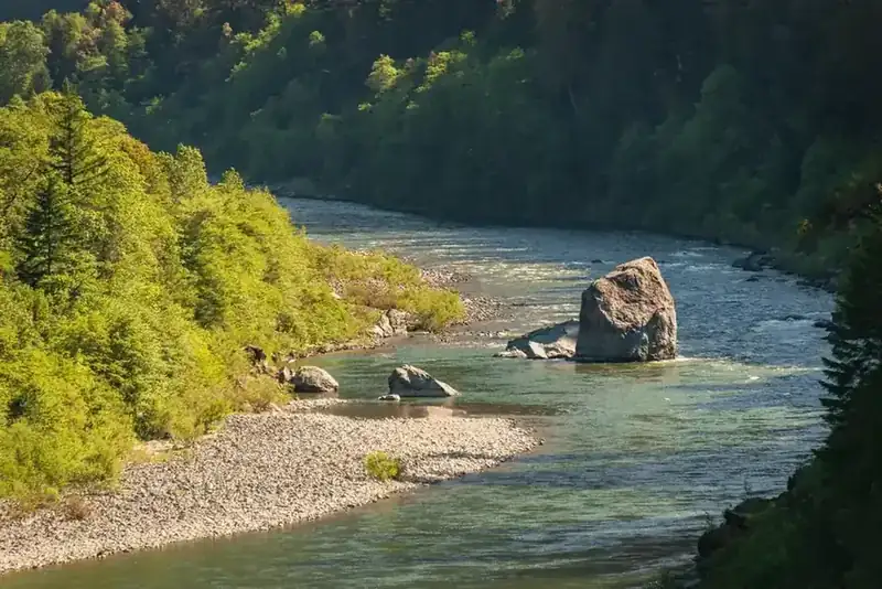 A river winding past a standing boulder through a forested canyon