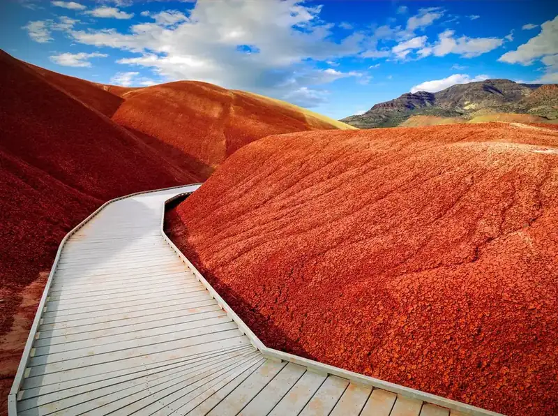 A white boardwalk curving through the red Painted Hills at John Day Fossil Beds, Oregon, the cover photograph of Undiscovered America