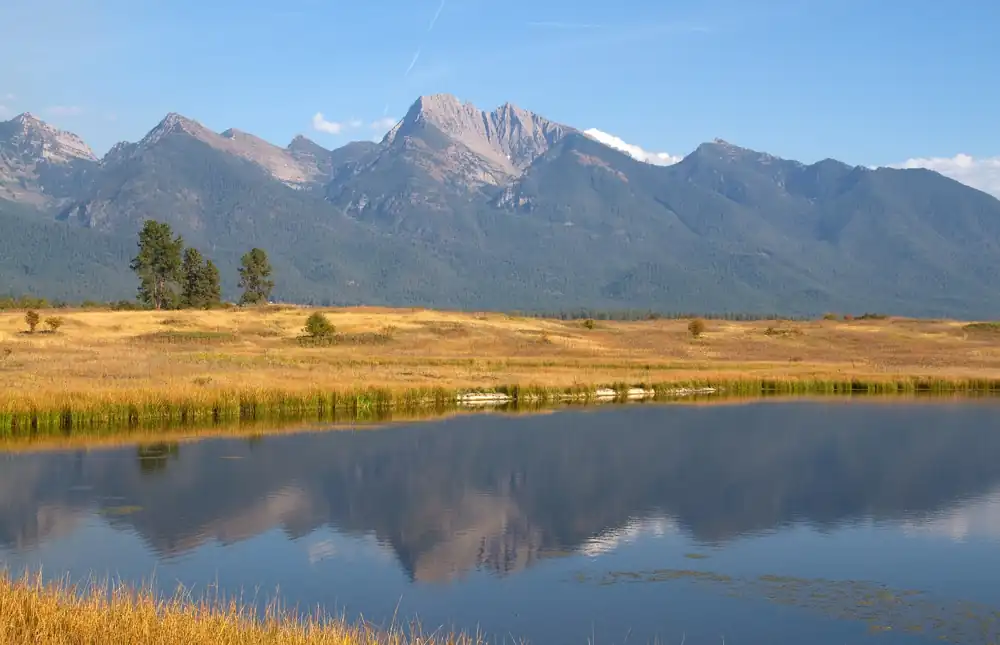 The Mission Mountains reflected in a pond