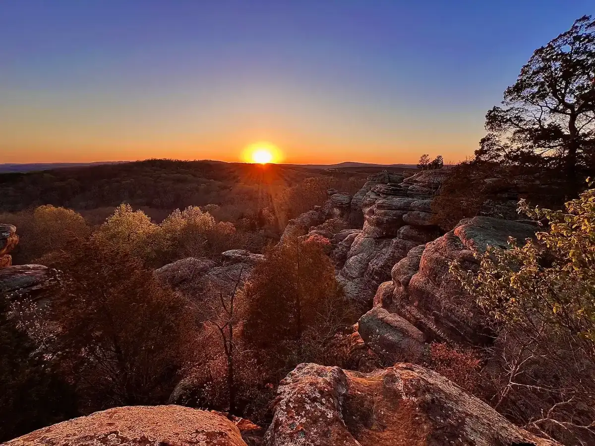 Sunset over the sandstone formations at Garden of the Gods in the Shawnee National Forest