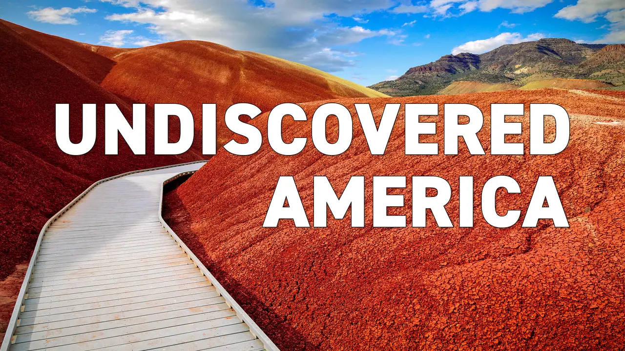 Undiscovered America: the film's title over the boardwalk through the Painted Hills, Oregon